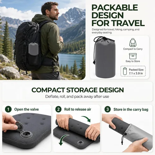 Vista 3 de Cojín de asiento inflable, almohadilla de asiento de viaje autoinflable con espuma viscoelástica, almohadilla portátil de 2 pulgadas de grosor