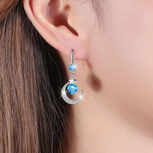 Vista 4 de Star Mythology - Aretes de gota de agua de luna, finos y elegantes aretes de diamantes de imitación, aretes de cobre con gota de agua para mujer