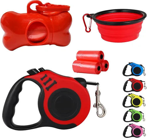 Vista 8 de Correa retráctil resistente para perros o gatos pequeños, cinta de nailon 360 sin enredos, mango antideslizante, con dispensador de bolsas de basura