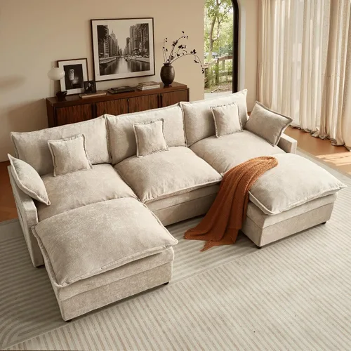 Vista 11 de ovios Sofá modular Cloud de 108 pulgadas con 2 otomanas, sofá en forma de U de 5 plazas, cómodos sofás de felpilla con 5 almohadas para sala de Gris