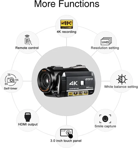 Vista 2 de ORDRO Cámara de video UHD 4K IR visión nocturna Vlogging Cámara para YouTube Grabadora de zoom digital con micrófono, lente gran angular, luz