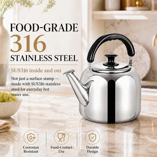 Vista 2 de Hervidor de té silbante, acero inoxidable 316 de grado alimenticio, agua caliente rápida de hervir, hervidor de cocina con mango ergonómico