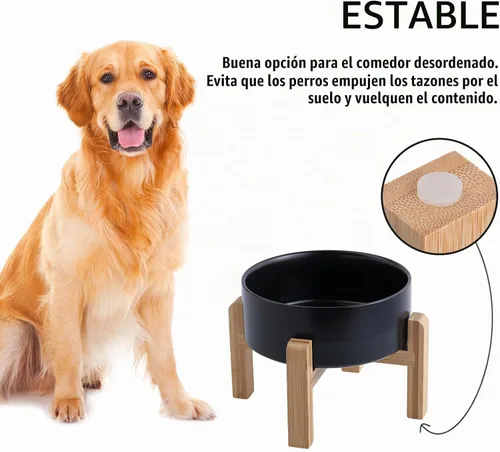 Vista 3 de Cuenco de cerámica elevado y elevado para perros de razas pequeñas y medianas, cuenco de agua con soporte, plato de alimentación pesado Negro