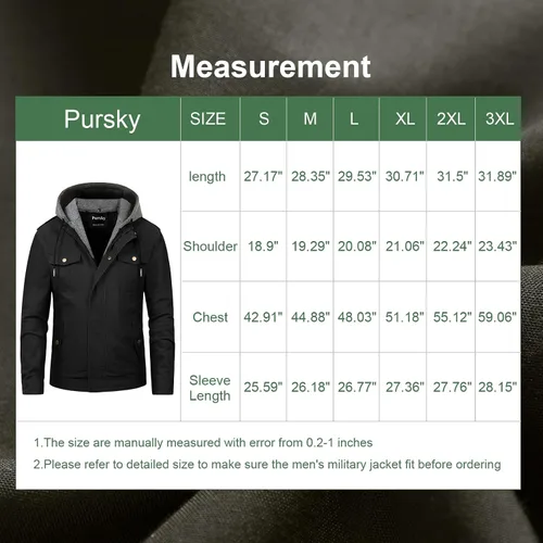 Vista 7 de Pursky Chaqueta Militar de Hombre Chaqueta de Algodón Lavado Casual con Capucha de Lienzo Abrigo de Otoño