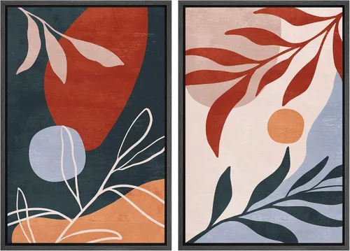 Vista 16 de SIGNFORD Lienzo enmarcado para pared, juego de arte geométrico retro de mediados de siglo, plantas forestales, ilustraciones con formas abstractas