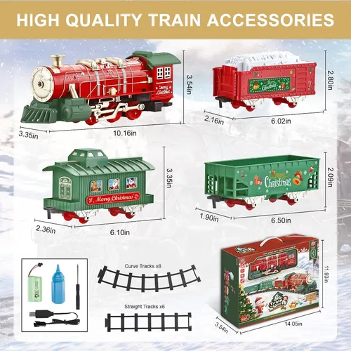Vista 4 de Juego de tren de Navidad para alrededor del árbol con sonidos, luces y humo, juguetes de tren eléctrico para niños pequeños con 3 autos y 14 pistas