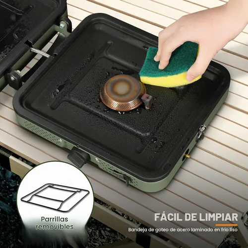 Vista 6 de Estufa de camping de propano de 2 quemadores, estufa de gas plegable portátil para acampar con 17200 BTU, dos quemadores ajustables con mango