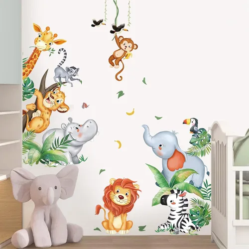 Vista 2 de wondever - Calcomanías de pared con diseño de animales de la selva, diseño de jirafa, elefante Peel and Stick, Removable, Wall Art Decals, Wall