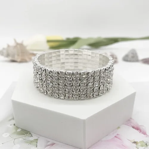 Vista 5 de Juego de 4 pulseras elásticas de diamantes de imitación para mujer, joyería de competición de bikini, plata brillante, para boda, cadena de tenis