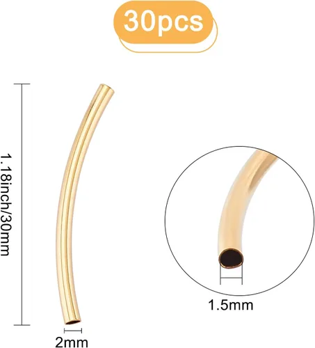 Vista 2 de CREATCABIN 1 caja de 30 cuentas de tubo curvadas de oro de latón elegante cuentas de fideos chapados en oro real de 24 quilates, conectores