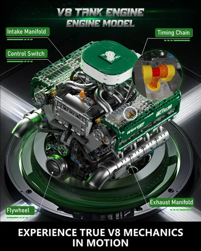 Vista 3 de Mould King 10182 Juegos de Bloques de Construcción de Motor V8, Kit de Modelo de Motor de Tanque MOC V8 con Batería y Motor, Juguetes
