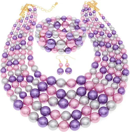 Vista 8 de JNF Collares grandes de perlas de imitación para mujer, collar de perlas de múltiples hebras, pulsera y aretes, collar de perlas para disfraz Negro