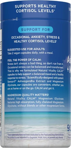 Vista 3 de Natural Vitality Calm Cápsulas de Ashwagandha + Glicinato de Magnesio Apoyo para el estrés y la ansiedad ocasionales Suplemento sin gluten 90