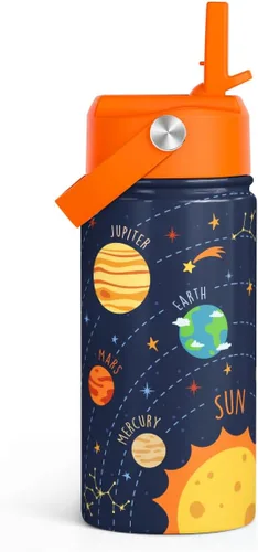 Vista 28 de SANDJEST Botella de agua para niños con tapa con pajilla, botellas de agua de acero inoxidable con aislamiento del alfabeto de 12 onzas para niños