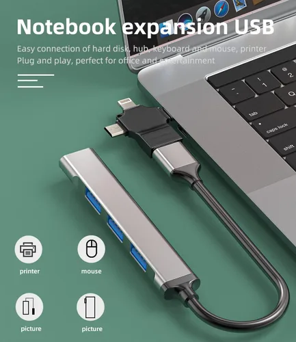 Vista 4 de Adaptador USB OTG 3 en 1 USB-A 3.0 hembra a tipo C Micro Lightning macho compatible con Apple Iphone15 Ipad Pro Air Min 14 13 12 LG Android