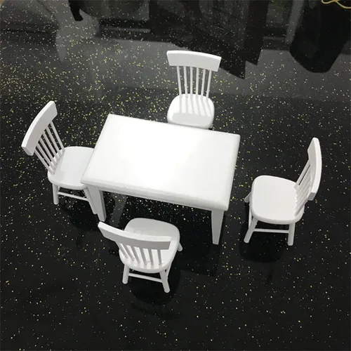 Vista 7 de Accesorios de decoración de casa de muñecas, 1:12 muebles en miniatura de madera blanca mesa de comedor silla modelo conjunto
