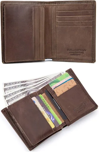 Vista 6 de BULLCAPTAIN Cartera de cuero genuino para hombres con bloqueo RFID billeteras de identificación con ventana de crédito titular de la tarjeta
