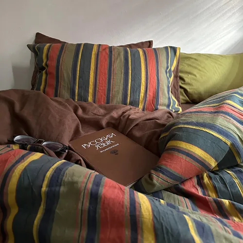 Vista 277 de mixinni Juego de funda de edredón vintage a rayas, tamaño twin, juego de ropa de cama de 3 piezas, 100% algodón lavado, suave y transpirable, funda