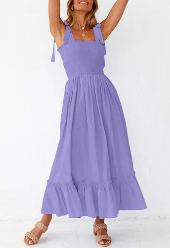 Vista 7 de ZESICA vestido bohemio y liso de verano para mujer, acampanado, con tirantes delgados, cuello cuadrado y volantes, vestido largo para la playa