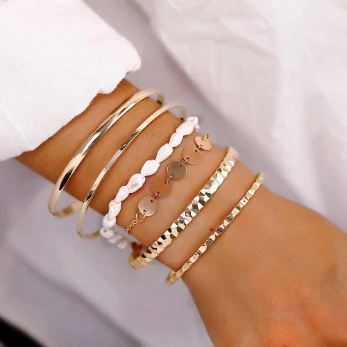 Vista 3 de Cocazyw 19 pulseras de varias capas apilables de oro rosa para mujer, pulseras ajustables para niñas, conjunto de regalos