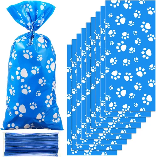 Vista 6 de Blulu 100 bolsas de golosinas para perros, recuerdos de fiesta para cachorros, bolsas de celofán con cono de pata de mascota, dulces sellables por