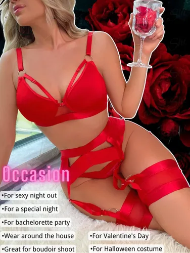 Vista 4 de Lenceria con liguero para mujer, conjunto de encaje traslúcido y sexy de 4piezas