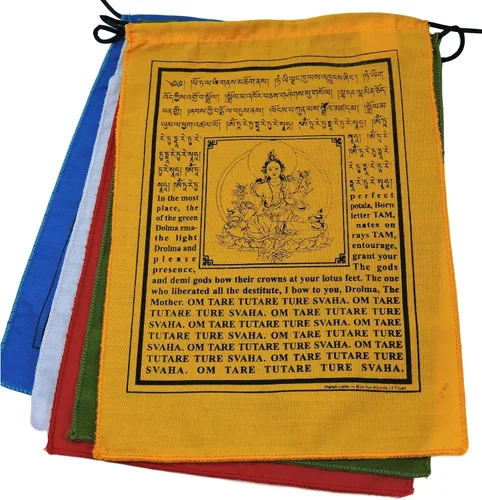 Vista 6 de Banderas de oración tibetanas Tara verdes hechas a mano con traducción al inglés (9 x 12 pulgadas)