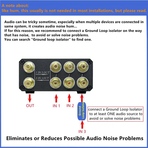 Vista 5 de U31 Premium RCA Switch Box, caja de conmutación de audio 3 en 1 salida, caja de conmutación estéreo con señal sin pérdida, carcasa de aluminio