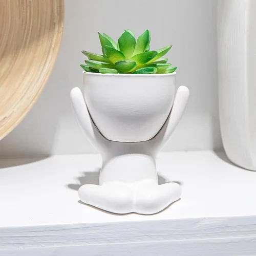 Vista 7 de 2 PCS Plantas Artificiales Suculentas Únicas Decoración de Oficina para Mujeres y Hombres, Pequeñas Plantas Falsas con Macetas en Forma Humana