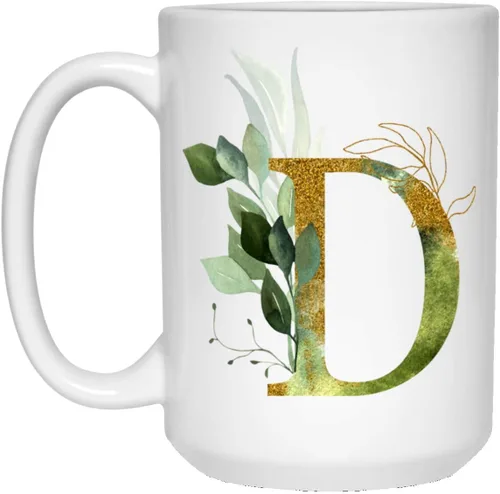 Vista 3 de Taza de café Alpha/D con letra D, monograma del alfabeto D, taza de té floral dorada brillante para cumpleaños, Navidad, día de la madre, 11 onzas