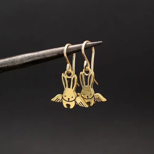 Vista 5 de Mark Poulin Tiny Gold Dipped Sterling Silver Angel Bunny Earrings - Rabbit Memorial Dangles for Women and Girls