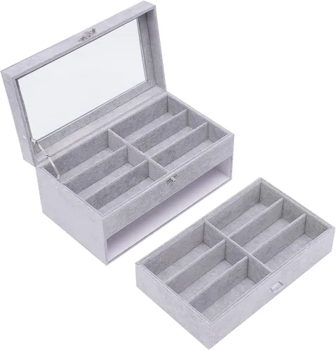 Vista 3 de Organizador de lentes de sol de 12 ranuras con parte superior de vidrio transparente para mujeres y hombres, elegante vitrina de gafas