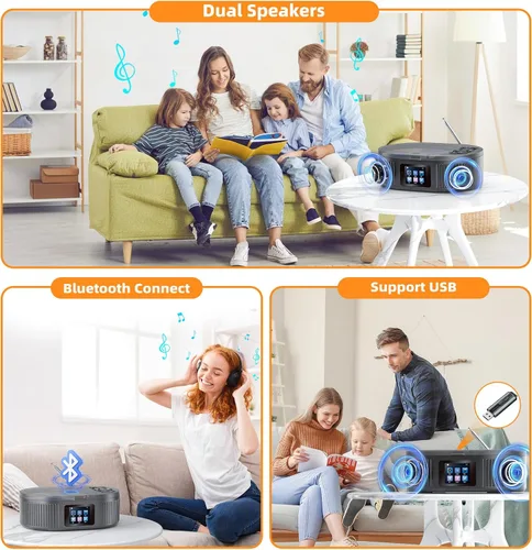 Vista 7 de DESOBRY, Reproductor de CD Boombox portátil con modos Bluetooth TX/RX y Negro