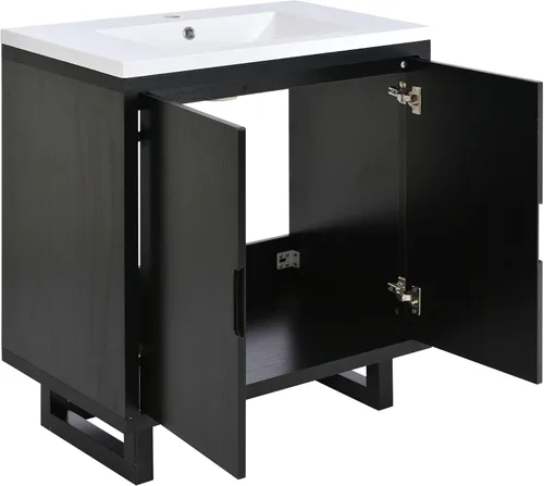 Vista 8 de LUMISOL Tocador de baño de 30 pulgadas con lavabo, armario de almacenamiento de baño negro de madera maciza con dos puertas, tocador de baño moderno