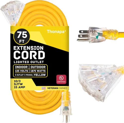 Vista 7 de Thonapa - Cable de extensión de calibre 10, 10 pies para exteriores, resistente 10/3, 3 clavijas SJTW Yellow Cable, Lighted End, Grounded Plug, 3
