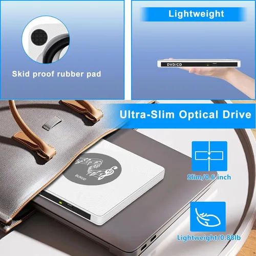 Vista 3 de BUNUD Unidad externa de CD y DVD: USB C y USB 3.0 Grabador de CD Reproductor de DVD para PC portátil Windows 11 Mac Linux - Escritor lector