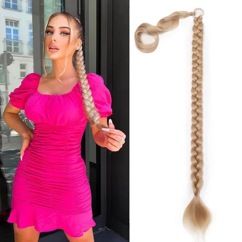 Vista 18 de Extensiones de cola de caballo trenzada de 20 pulgadas de largo para mujer, extensiones de cabello lacio envolvente con banda para el cabello, cola