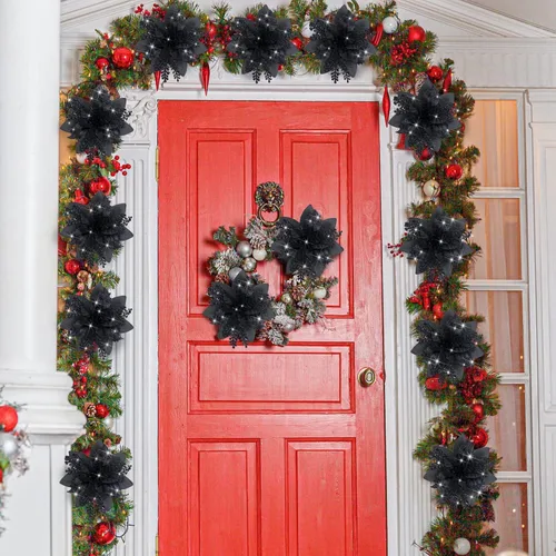 Vista 7 de Canlierr 12 piezas flores de Pascua de Navidad de 5.7 pulgadas con purpurina, flores artificiales con clips, adorno de árbol de Navidad para corona