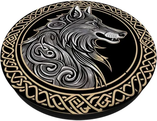 Vista 2 de Símbolo vikingo Fenrir - Monstruoso lobo nórdico mitología PopSockets PopGrip estándar