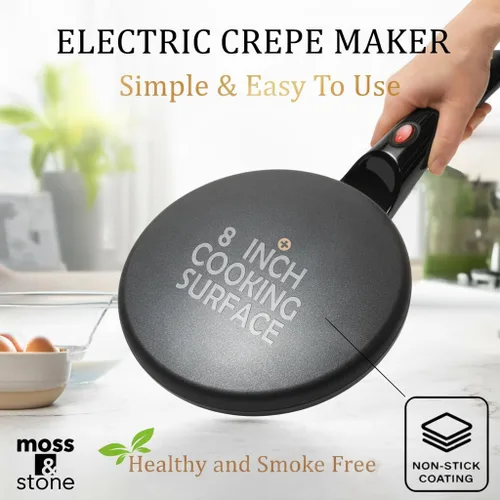 Vista 3 de Moss & Stone Máquina Eléctrica para Crepas – Sartén Portátil para Crepas de 8" Antiadherente con Plato de Inmersión, Apagado Automático, Interruptor
