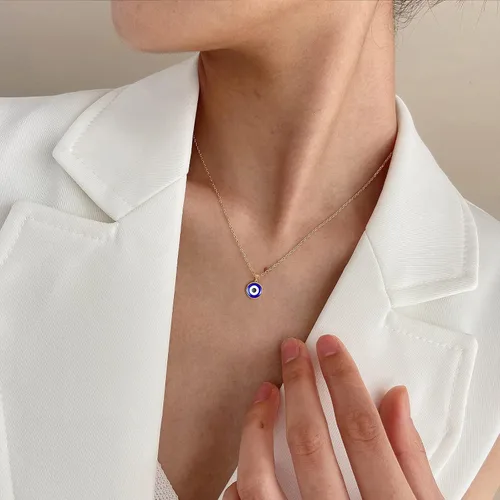 Vista 3 de VIBILIA Collar contra el mal de ojo con dije de amuleto de tercer ojos azules, delicado collar de cadena de oro Ojo con protección de Cabalá