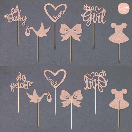 Vista 5 de Gexolenu 24 piezas Oh Baby Rose Gold de doble cara para cupcakes It's a Girl Cupcake Picks Heart Love Baby Shower Cake Decoraciones para niñas