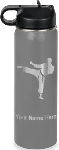 Vista 17 de Botella de agua personalizada LaserGram, Karate Man, de acero inoxidable con aislamiento al vacío de doble pared con tapa abatible, regalo grabado