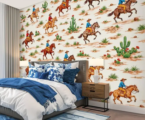 Vista 4 de Mural de pared con diseño de cactus y vaqueros, vintage, papel tapiz autoadhesivo autoadhesivo para pared grande, película de vinilo extraíble