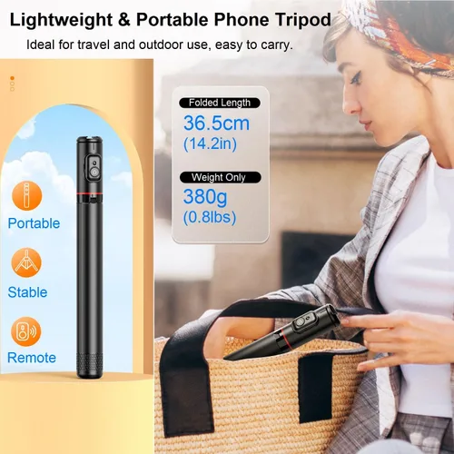 Vista 6 de Trípode para selfie stick para iPhone, trípode ligero de 72 pulgadas con control remoto inalámbrico y soporte de zapata fría, palo selfie extensible