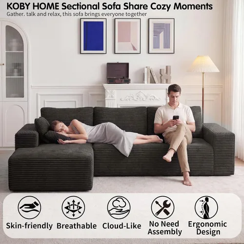 Vista 4 de Sofá seccional Cloud de 104 pulgadas con diván en forma de L, moderno sofá modular seccional de pana, sofás sin hueso para sala de estar y Negro