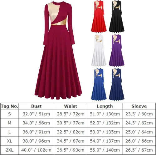 Vista 4 de Vestido de baile de alabanza litúrgica metálico bicolor para mujer, de manga larga, lírica, vestido de baile para iglesia, vestido de adoración