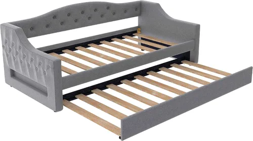 Vista 5 de Cama Diván Moderna Tamaño Twin XL con Cinturón LED y Cama Nido, Marco de Cama Plataforma de Madera con Cabecera Tapizada con Almacenamiento, Sofá