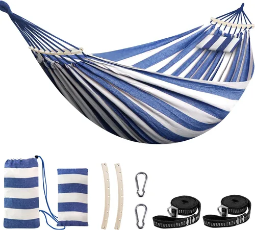 Vista 15 de Chihee - Hamaca de algodón grande y transpirable para acampar, con capacidad de hasta 660 libras, portátil, con barra separadora desmontable