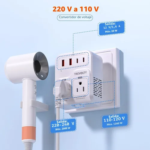 Vista 3 de Convertidor de voltaje de 2000 W de EE. UU. a Europa para secadores de pelo, convertidor de 220 V a 110 V para viajes europeos con 3 puertos AC/2